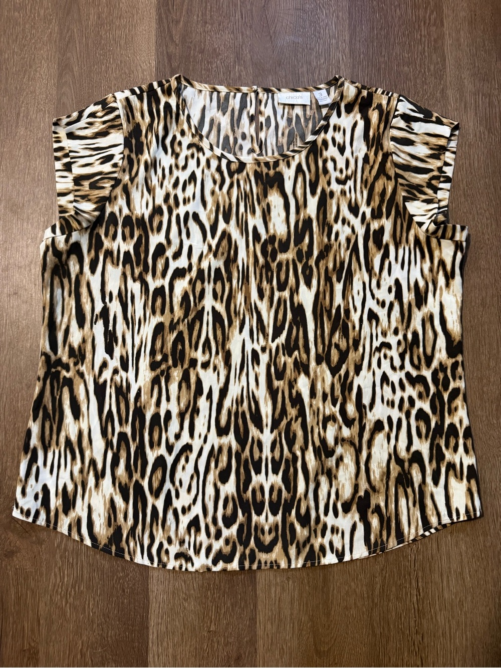 Chico's Top Blouse Sz 3 XL Brown Animal Print Cap Sleeve Business Casual